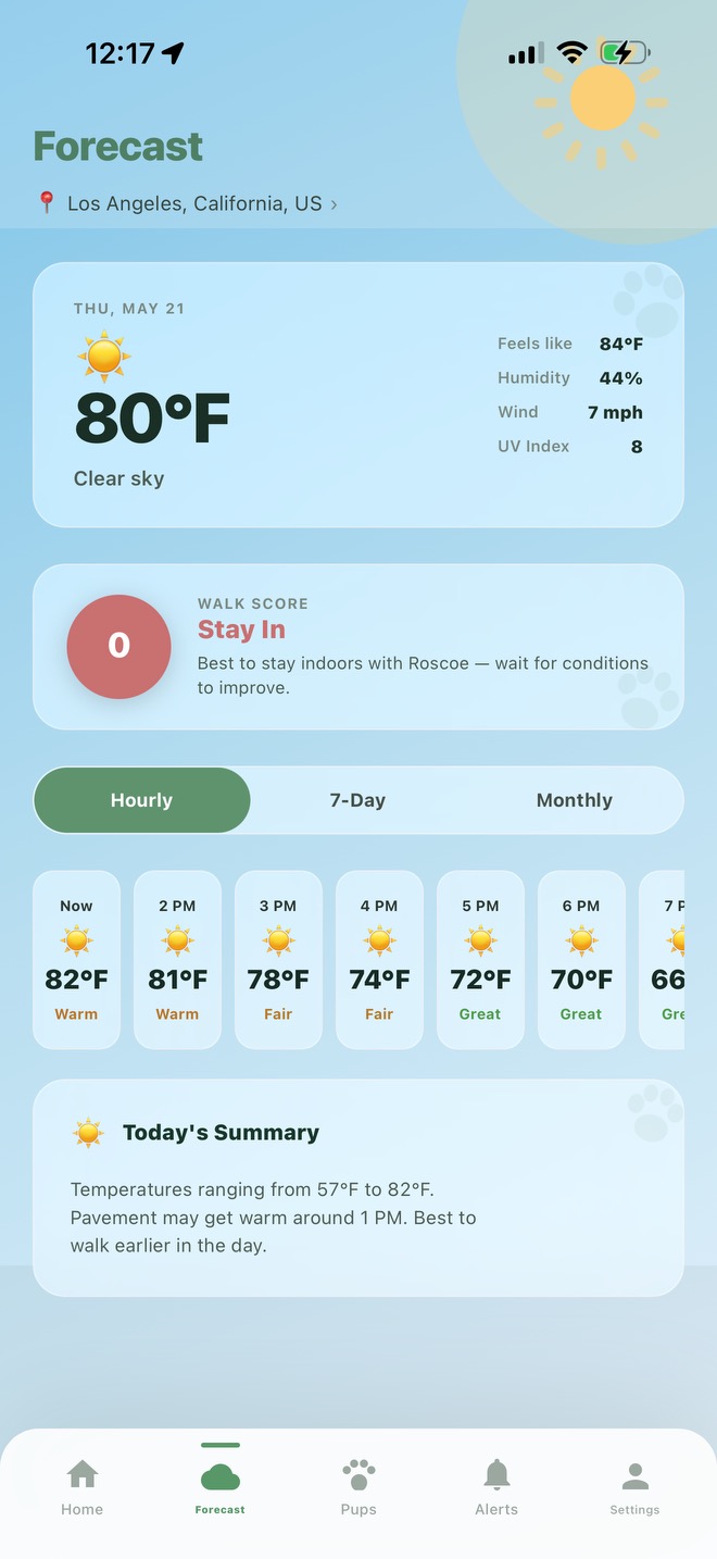Pawcast forecast tab with immersive sky backdrop