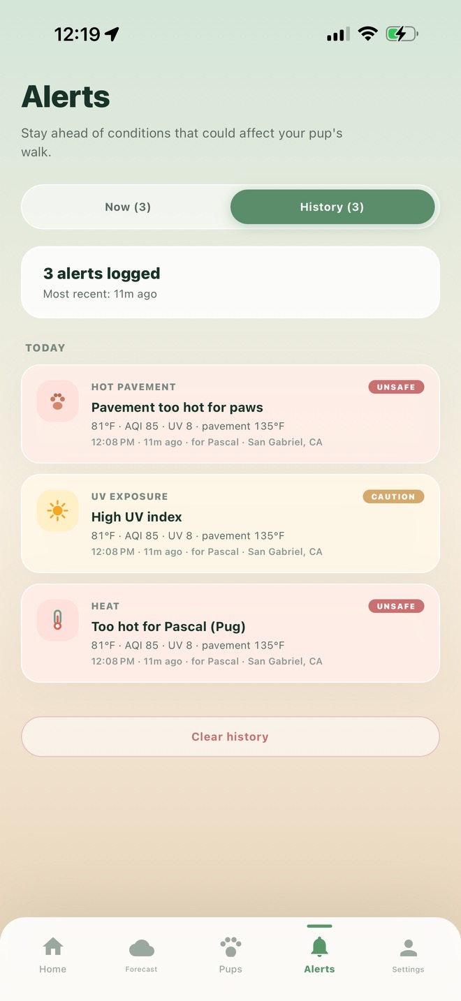 Pawcast alerts history showing recent safety events with severity pills and weather snapshots