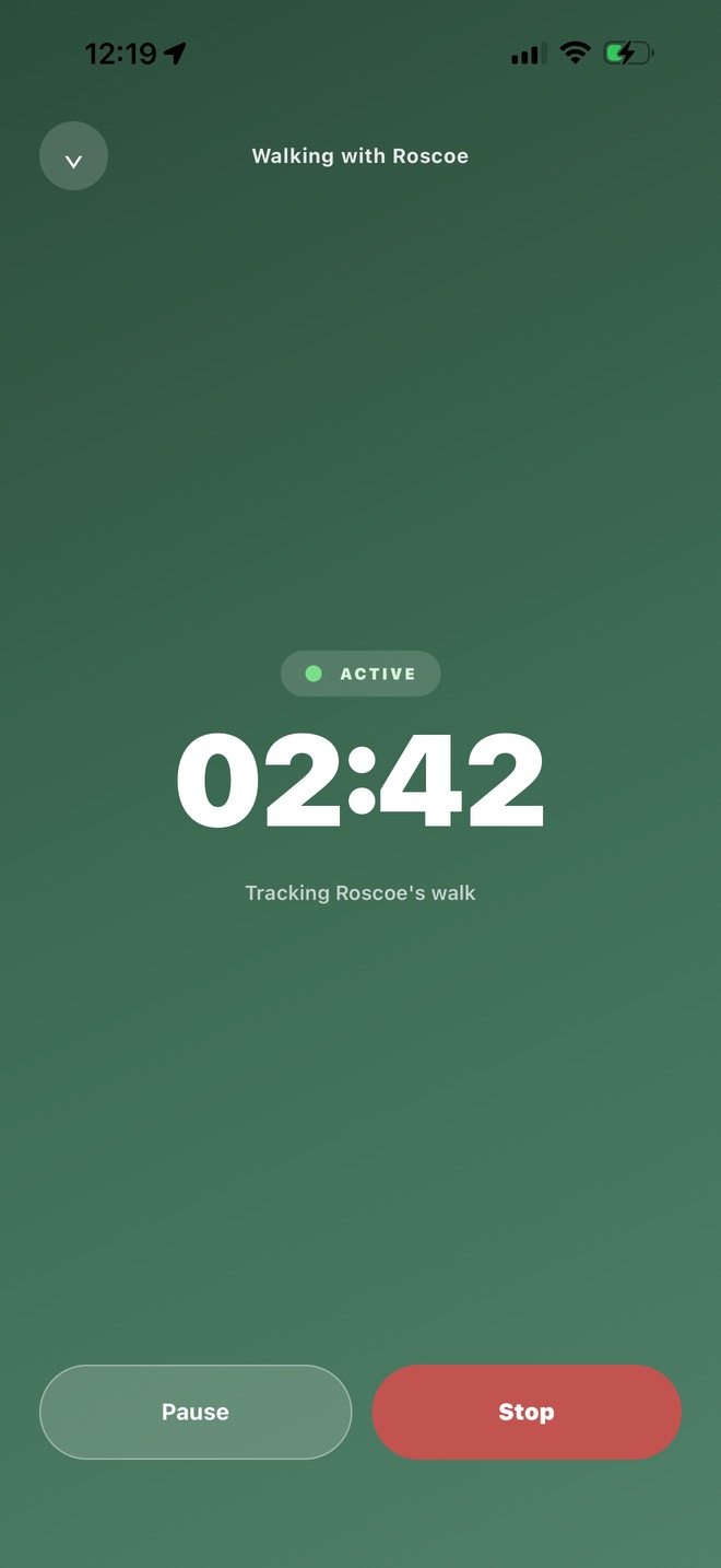 Pawcast walk tracker mid-walk with running timer